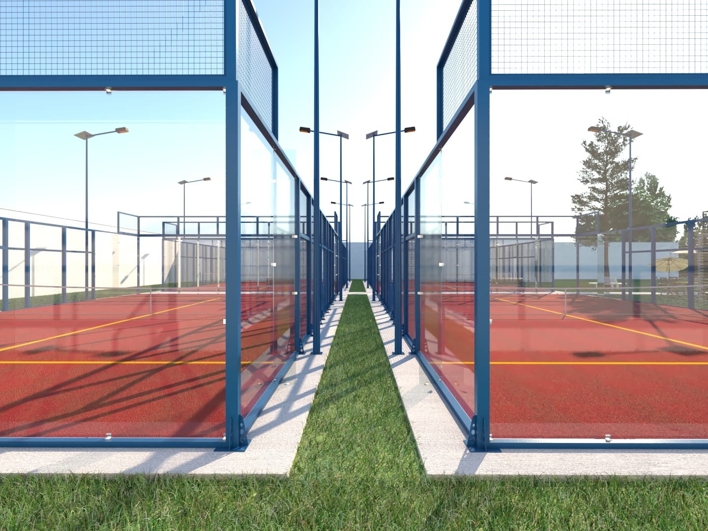 Instalación de pasto deportivo azul.