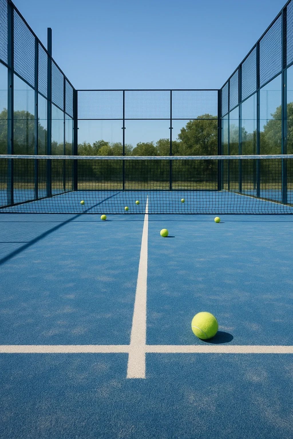 Cancha de pádel semi-panorámica con pasto deportivo, balance entre visibilidad y robustez.